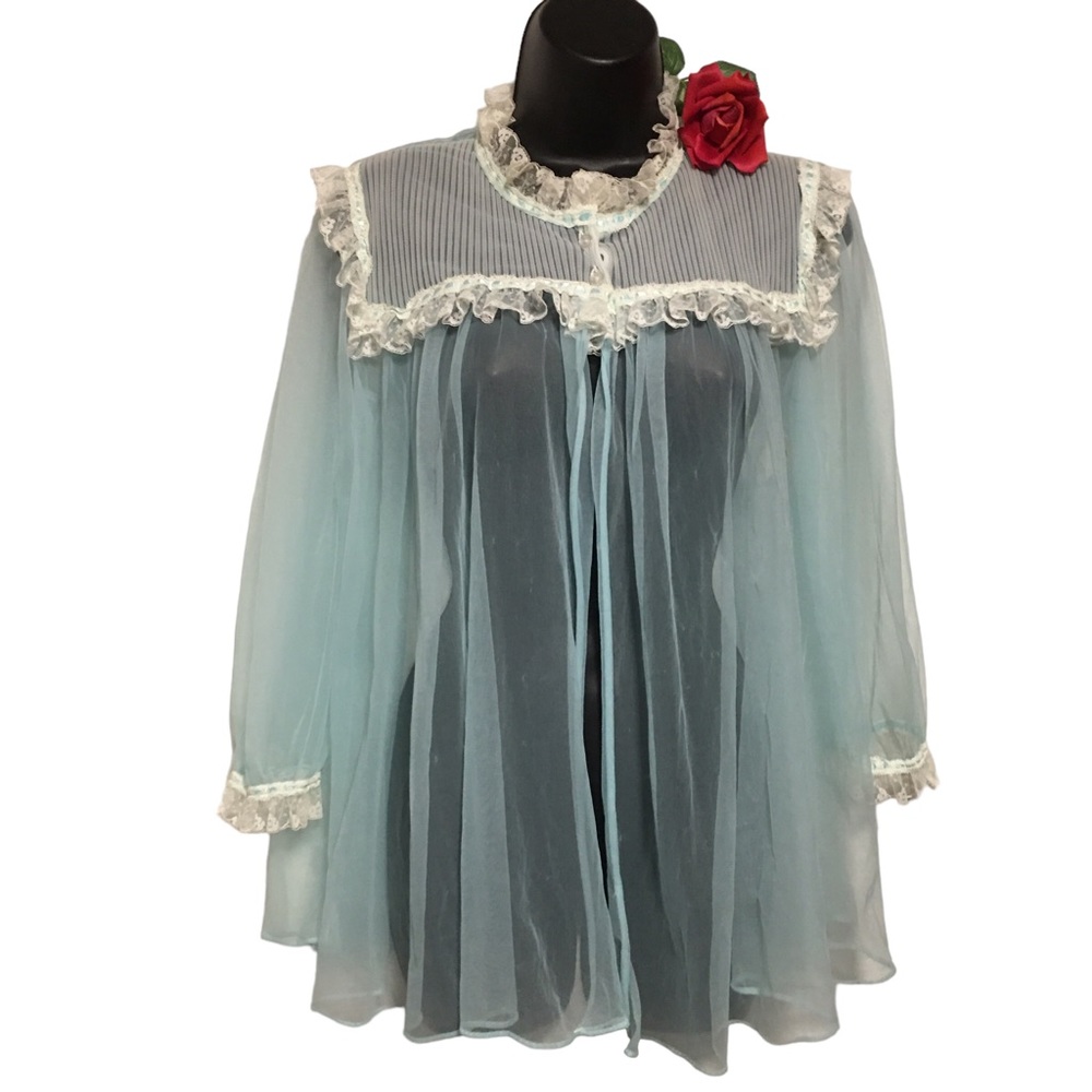 VTG 1960s/70s Sheer Aqua Blue Lace Trimmed Peignoir Bed Jacket Bedtime Gown